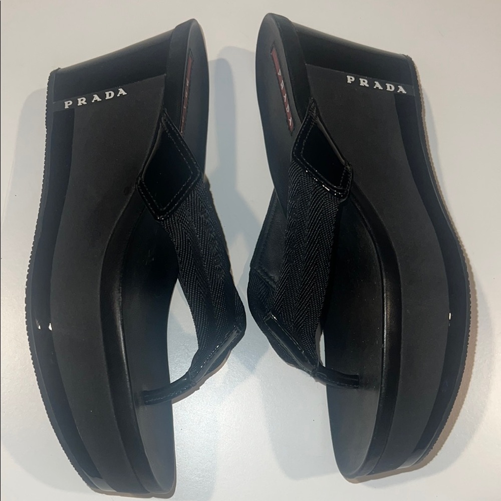 Prada Black Wedge Flip-Flip flop sandal size 38 new! No box - Picture 4 of 8